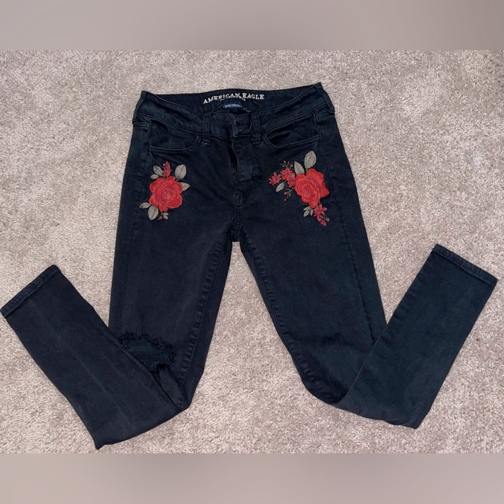 Rose Embroidered American Eagle Jeans